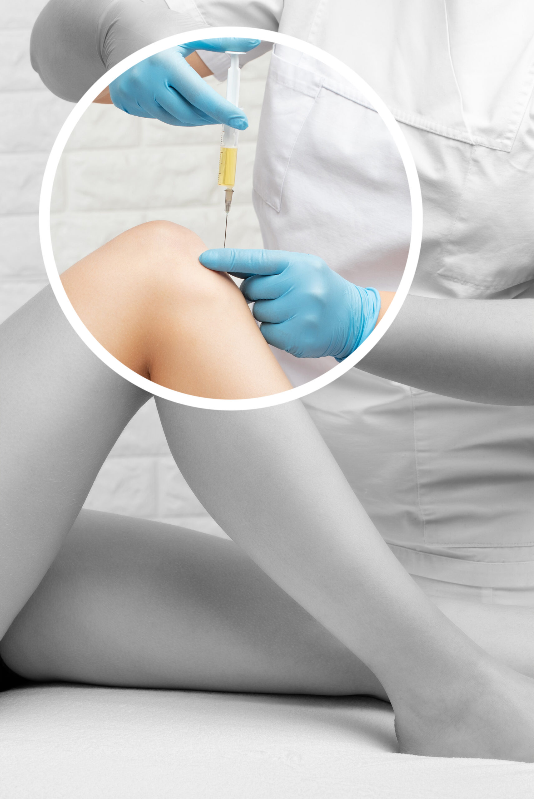Doctor doing stem cell therapy on a patient's knee after the injury. Treating knee pain with platelet-rich plasma injection. Treatment of arthritis and osteoarthritis.Medical and cosmetology concept.