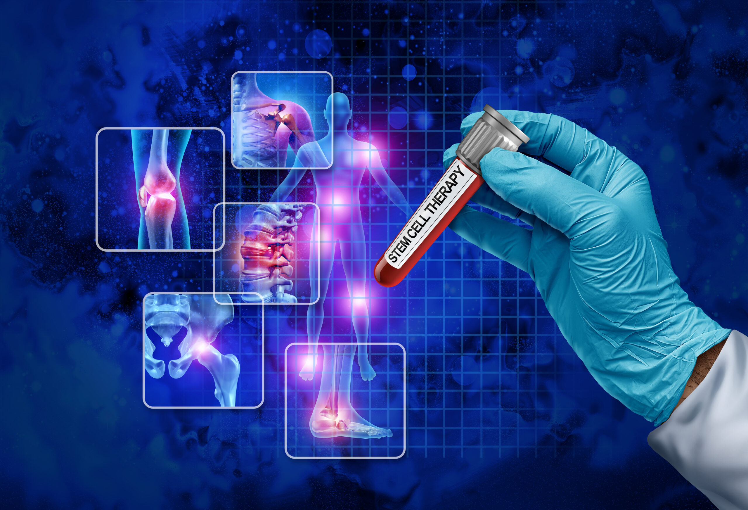 Stem Cell Therapy Concept donation and human regenerative treatment donating stem cells as Regenerative Medicine as Mesenchymal Cells in a test tube with a Doctor or researcher holding a glass container for joint pain organ regeneration to heal wounds or regenerate tissue repair.